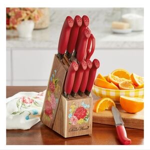 🌺 New Pioneer Woman Sweet Rose Kitchen Knife Block Set, Red, 11-Piece Set